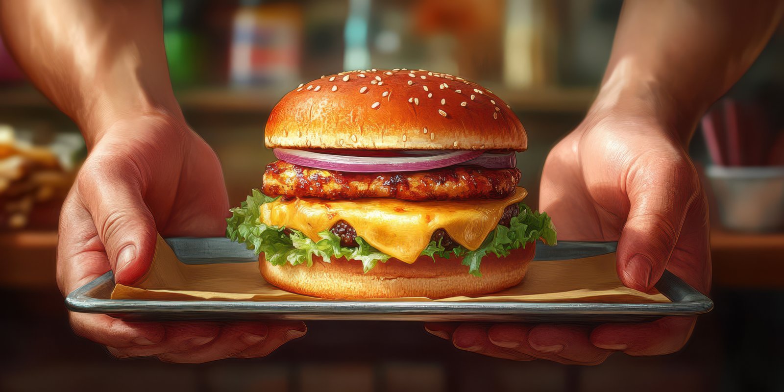 Delicious cheeseburger served on a tray with fresh toppings in a casual dining setting
